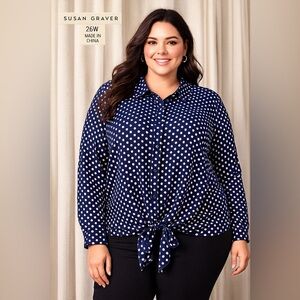 Susan Graver Plus Size 26W Navy White Polka Dot Tie Front Button Down Top